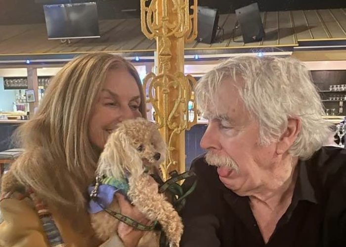 Tom Rush with Karen and Bellini — teaching the toothless Bellini to put his tongue in his mouth!