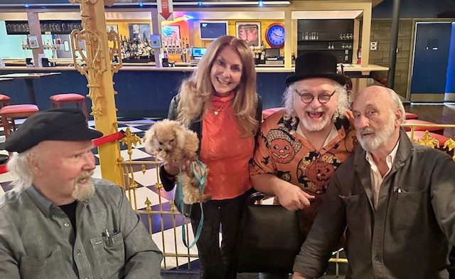 Karen and Bellini are surrounded by award-winning singers/songwriters —Tom Paxton, Don Henry (from the DonJuans) and Noel Paul Stookey following their concert at the Birchmere in Alexandria, VA.
